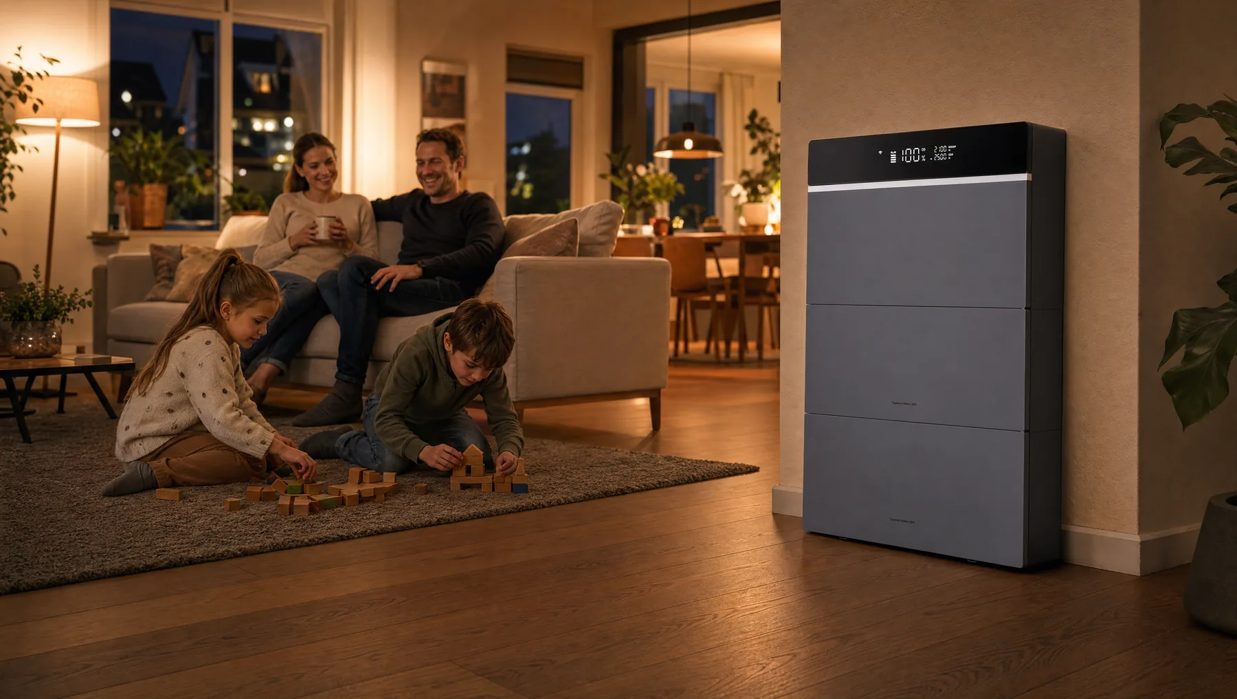 Dezelfde woning met thuisbatterij: licht blijft branden bij stroomuitval.