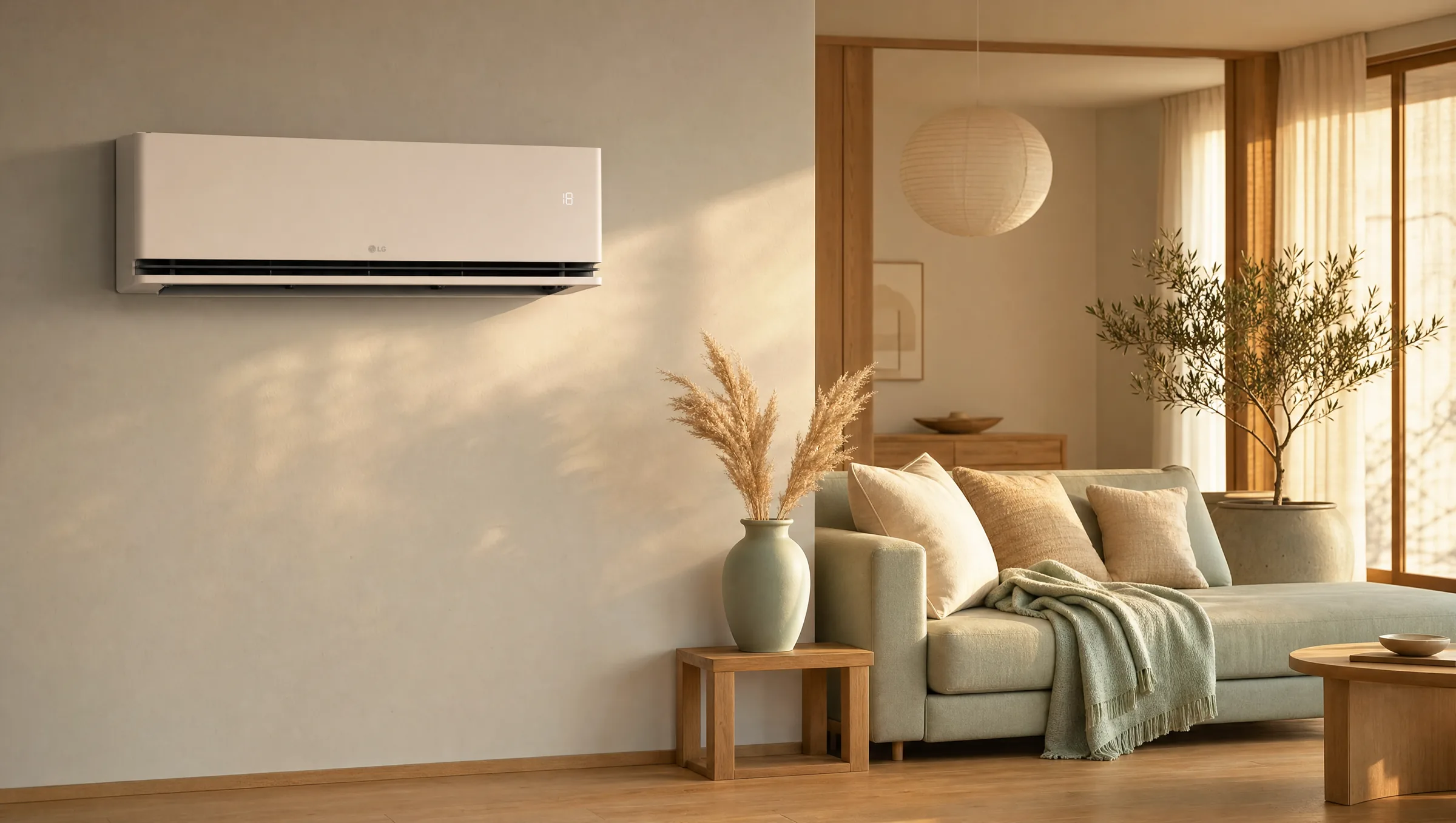 Slanke Clyma-airco aan de muur van een lichte woonkamer met plant en bank