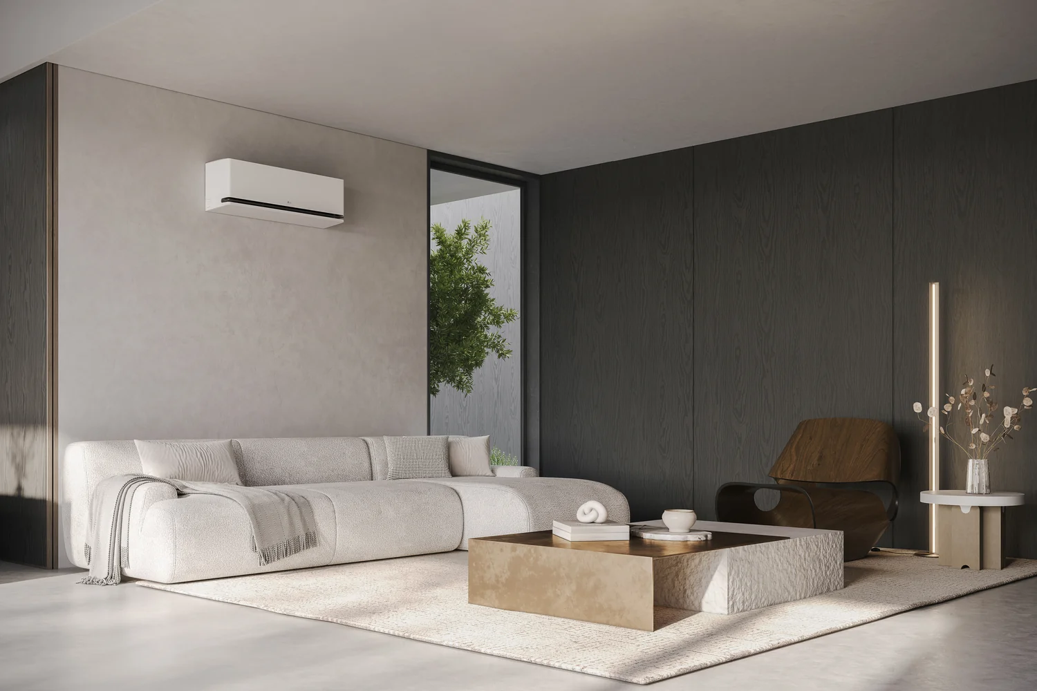 LG DualCool AI Air Deluxe airco in een moderne woonkamer