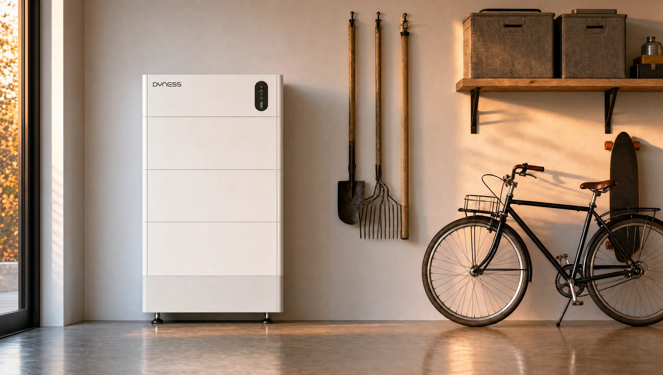 Dyness thuisbatterij geïnstalleerd langs de muur van een woning